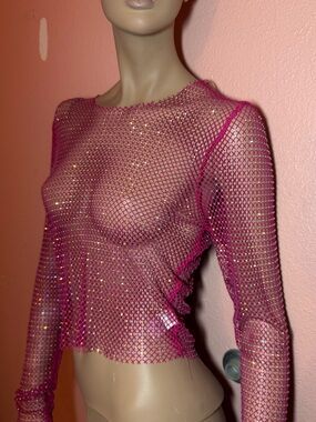 Windsor Magenta Rhinestone Fishnet Crop Top Rave Festival Sheer S